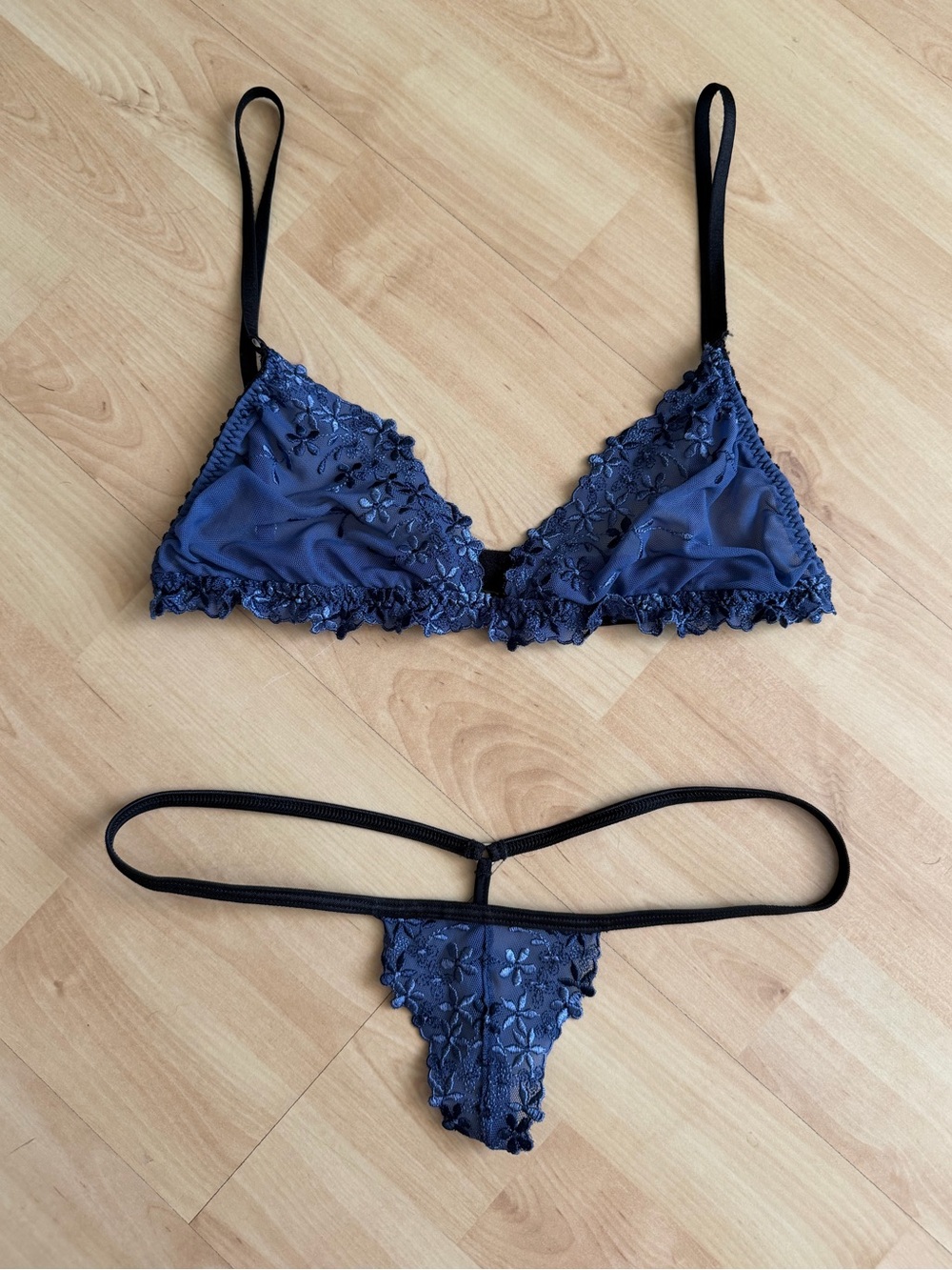 Wicked Weasel Navy Sheer Mesh Floral Lace Bra Set